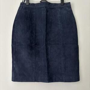NEW Vintage Grunge Navy Blue Suede Midi Leather Streetwear Skirt - XS - Small